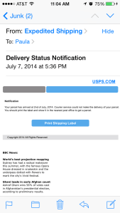 Screen shot of potential dangerous junk mail